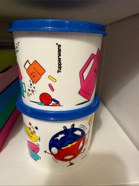 Tupperware White Snack Containers with Blue Lids and Colorful Cartoon Graphics